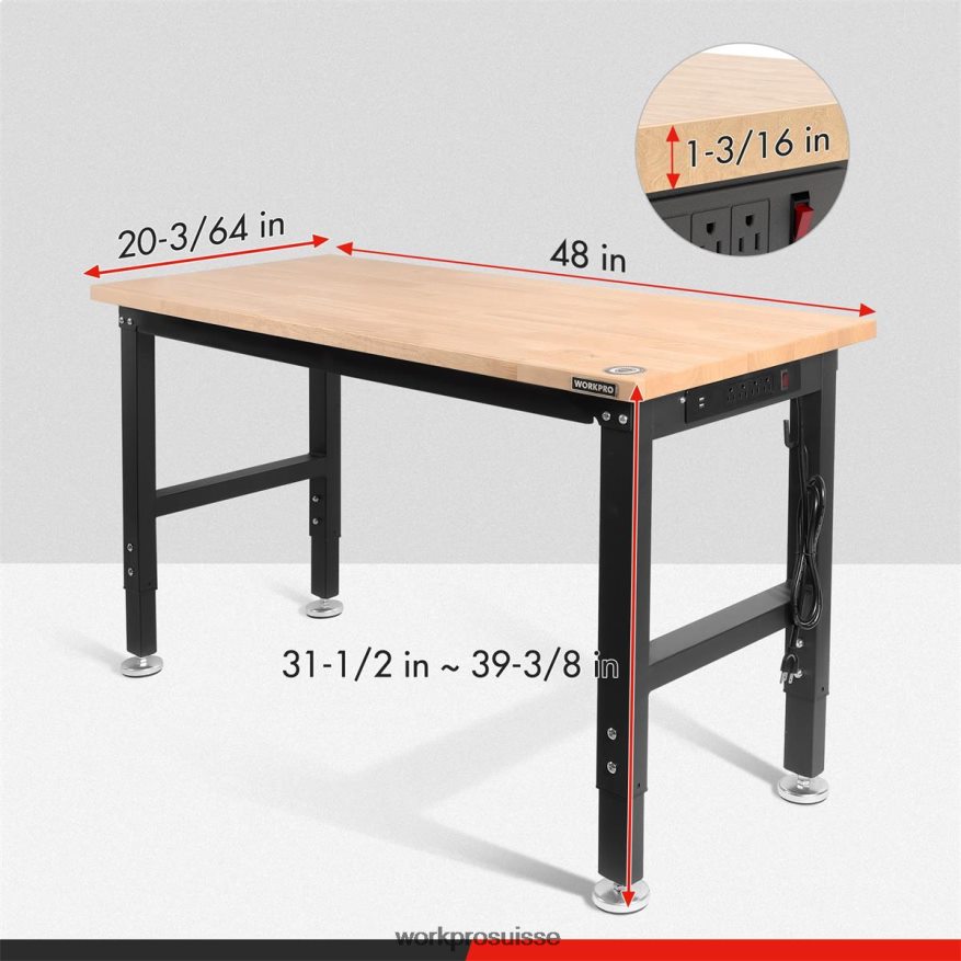 établi réglable capacité de charge de 2000 lb table de travail en bois dur avec prises de courant Z2LXTF1 utile WORKPRO stockage