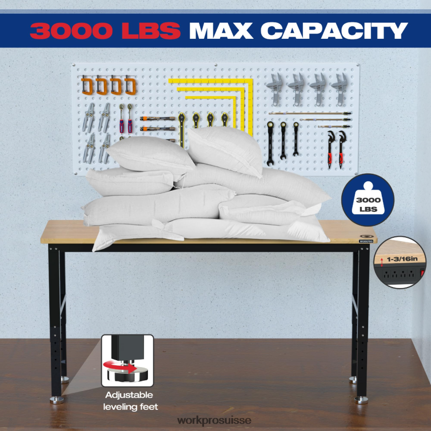 établi réglable capacité de charge de 3000 lb table de travail en bois dur avec prises de courant Z2LXTF4 utile WORKPRO stockage