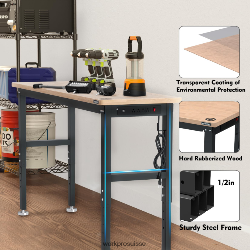 établi réglable capacité de charge de 3000 lb table de travail en bois dur avec prises de courant Z2LXTF4 utile WORKPRO stockage