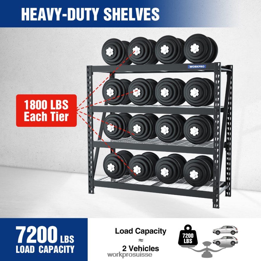 Étagère de garage en métal à 4 niveaux, capacité de 7 200 lb, étagères réglables industrielles robustes Z2LXTF10 utile WORKPRO stockage