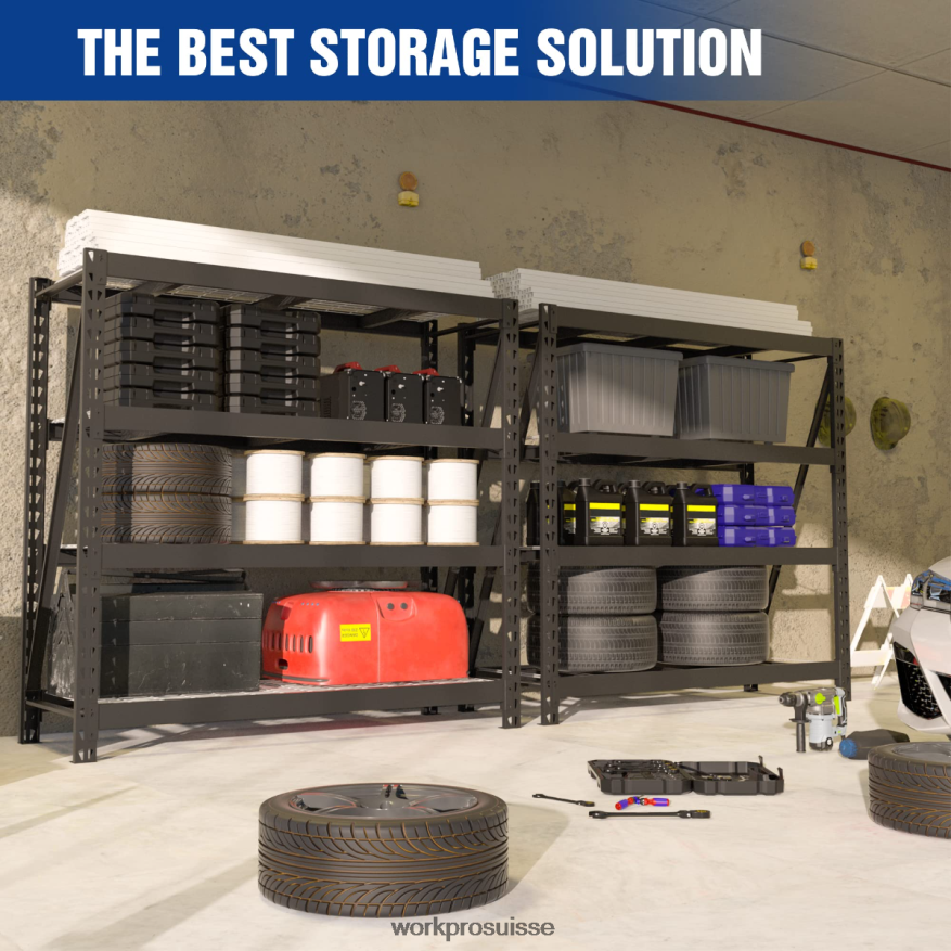 Étagère de garage en métal à 4 niveaux, capacité de 7 200 lb, étagères réglables industrielles robustes Z2LXTF10 utile WORKPRO stockage