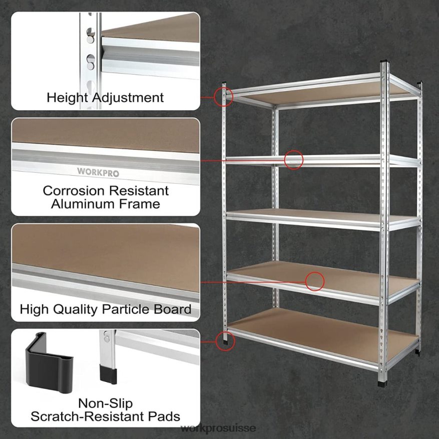 Étagère de rangement à 5 niveaux, support de rangement réglable, étagère en alliage d'aluminium robuste Z2LXTF9 utile WORKPRO stockage