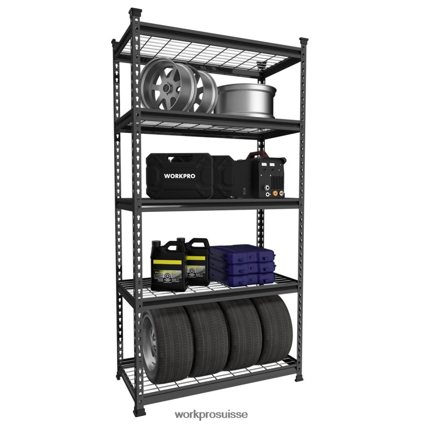Étagère de rangement en métal à 5 ​​niveaux, support de rangement réglable, étagère robuste Z2LXTF6 noir avec motif argenté WORKPRO stockage
