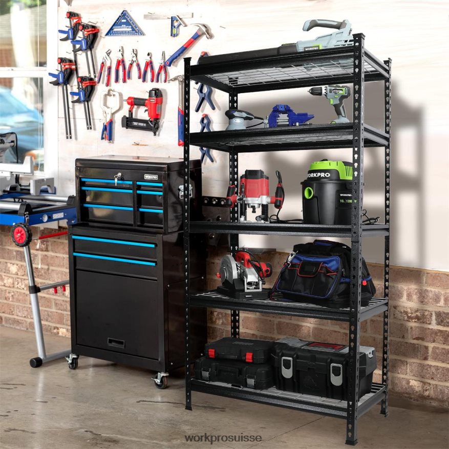 Étagère de rangement en métal à 5 ​​niveaux, support de rangement réglable, étagère robuste Z2LXTF6 noir avec motif argenté WORKPRO stockage
