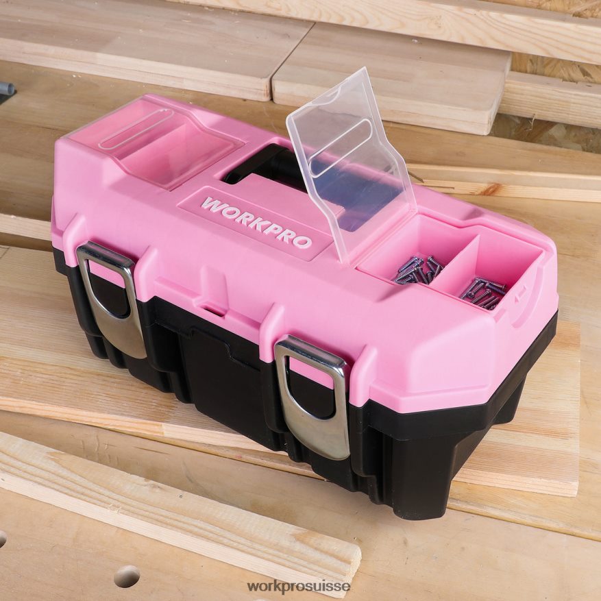 Boîte à outils de 16 pouces, boîte à outils en plastique avec loquet en métal et plateau amovible Z2LXTF23 rose WORKPRO stockage