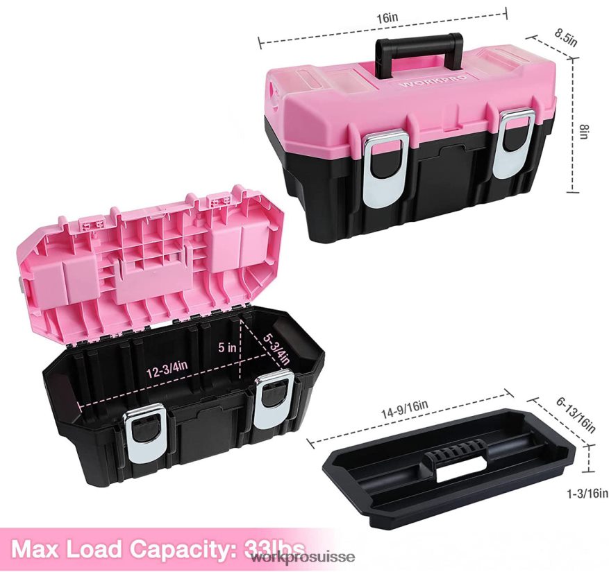 Boîte à outils de 16 pouces, boîte à outils en plastique avec loquet en métal et plateau amovible Z2LXTF23 rose WORKPRO stockage