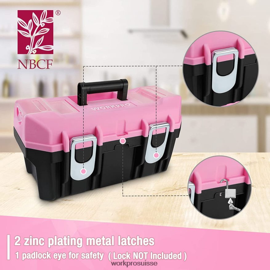 Boîte à outils de 16 pouces, boîte à outils en plastique avec loquet en métal et plateau amovible Z2LXTF23 rose WORKPRO stockage