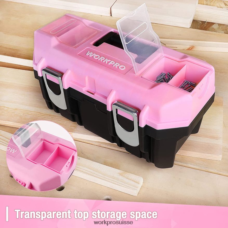 Boîte à outils de 16 pouces, boîte à outils en plastique avec loquet en métal et plateau amovible Z2LXTF23 rose WORKPRO stockage