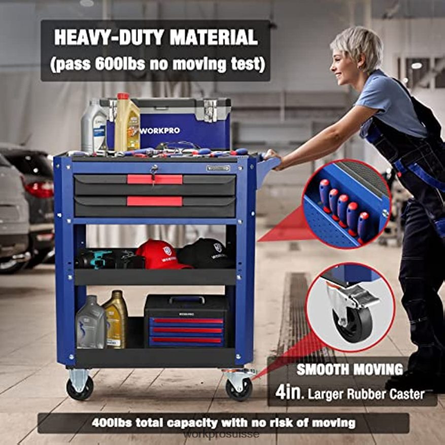 Chariot à outils roulant de qualité supérieure à 2 tiroirs, organisateur de rangement pour chariot de service industriel utilitaire robuste avec roues et système de verrouillage Z2LXTF16 utile WORKPRO