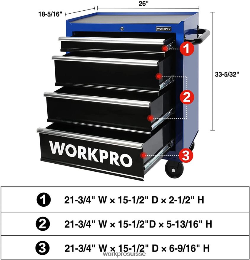 Coffre à outils à 4 tiroirs, armoire de rangement à outils en métal roulant de 26 pouces avec roulettes, système de verrouillage, doublure de tiroir, capacité de charge de 450 lb Z2LXTF17 morden WORKP