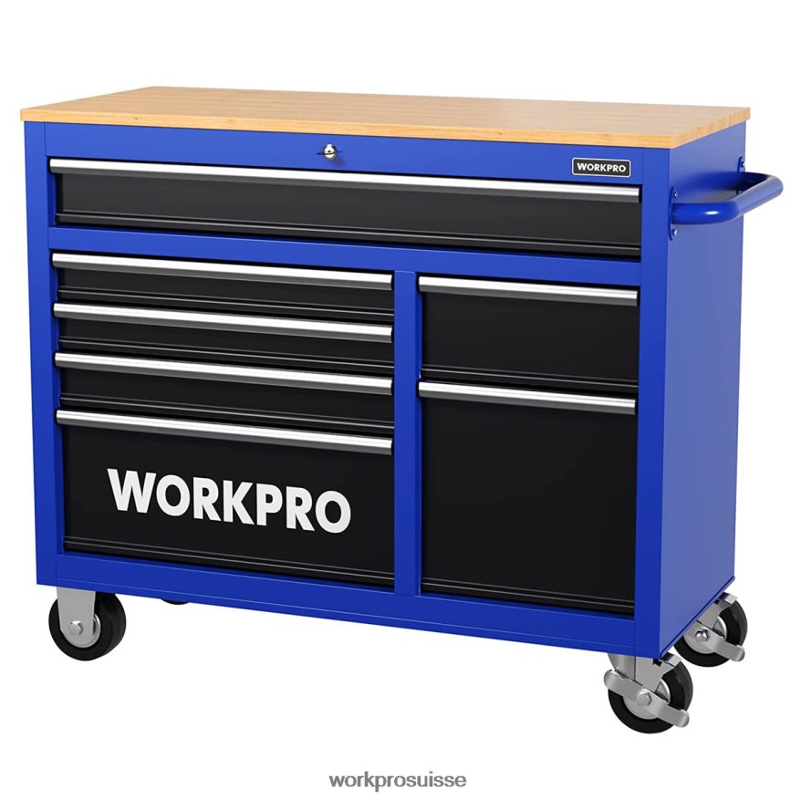 Coffre à outils roulant 42 pouces à 7 tiroirs avec dessus en bois, équipé de roulettes, poignée, doublure de tiroir et système de verrouillage, capacité de charge de 1000 lb Z2LXTF26 nouveau WORKPRO s