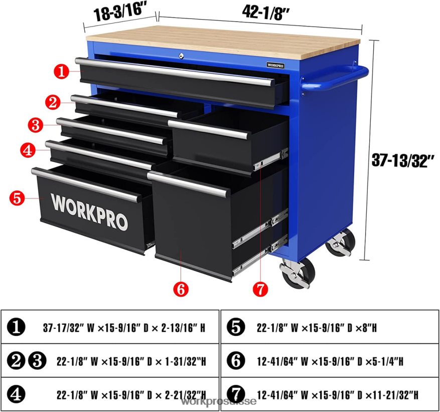 Coffre à outils roulant 42 pouces à 7 tiroirs avec dessus en bois, équipé de roulettes, poignée, doublure de tiroir et système de verrouillage, capacité de charge de 1000 lb Z2LXTF26 nouveau WORKPRO s