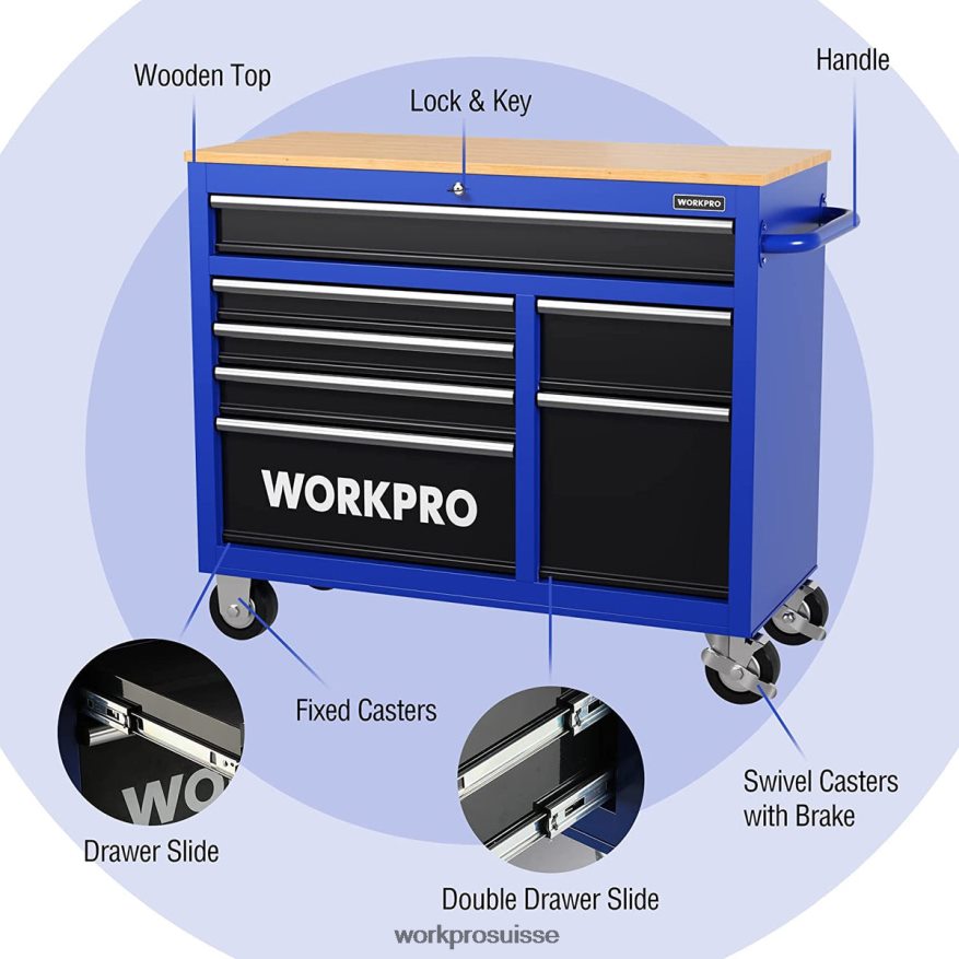 Coffre à outils roulant 42 pouces à 7 tiroirs avec dessus en bois, équipé de roulettes, poignée, doublure de tiroir et système de verrouillage, capacité de charge de 1000 lb Z2LXTF26 nouveau WORKPRO s