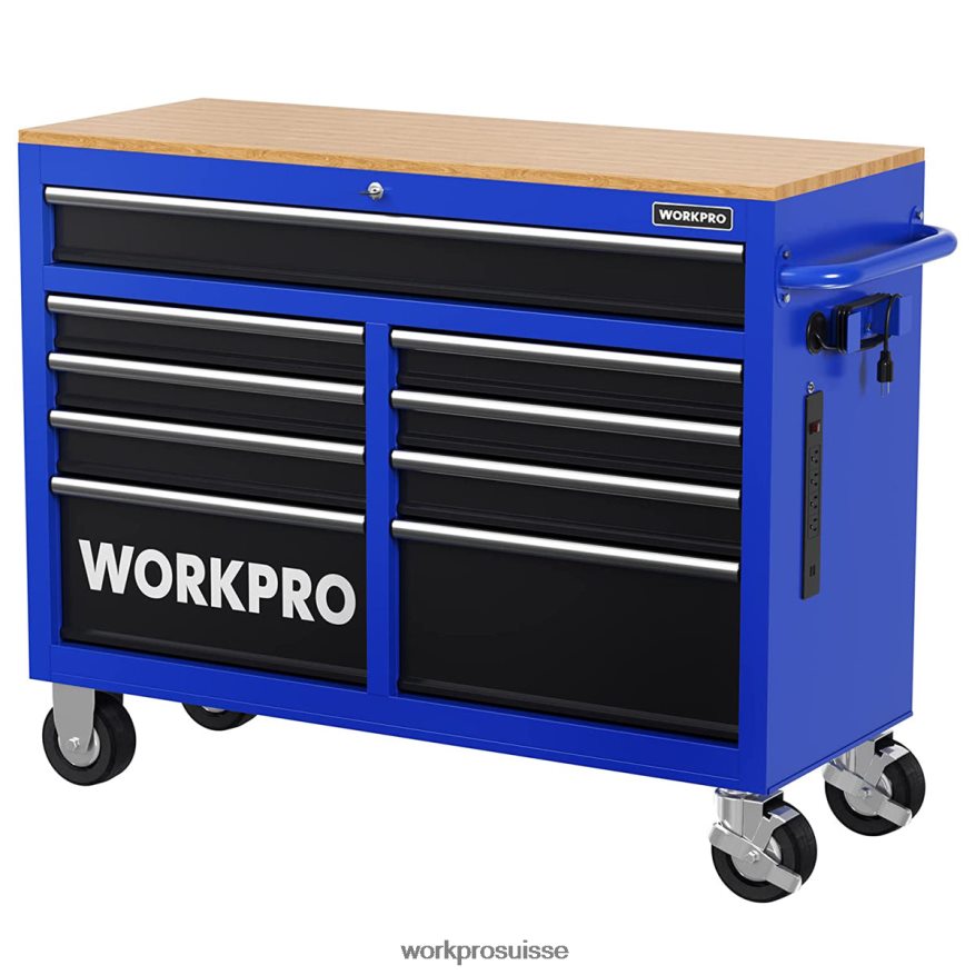 Coffre à outils roulant de 46 pouces à 9 tiroirs avec dessus en bois, équipé de roulettes, poignée, doublure de tiroir et système de verrouillage, capacité de charge de 1 200 lb Z2LXTF15 morden WORKPR