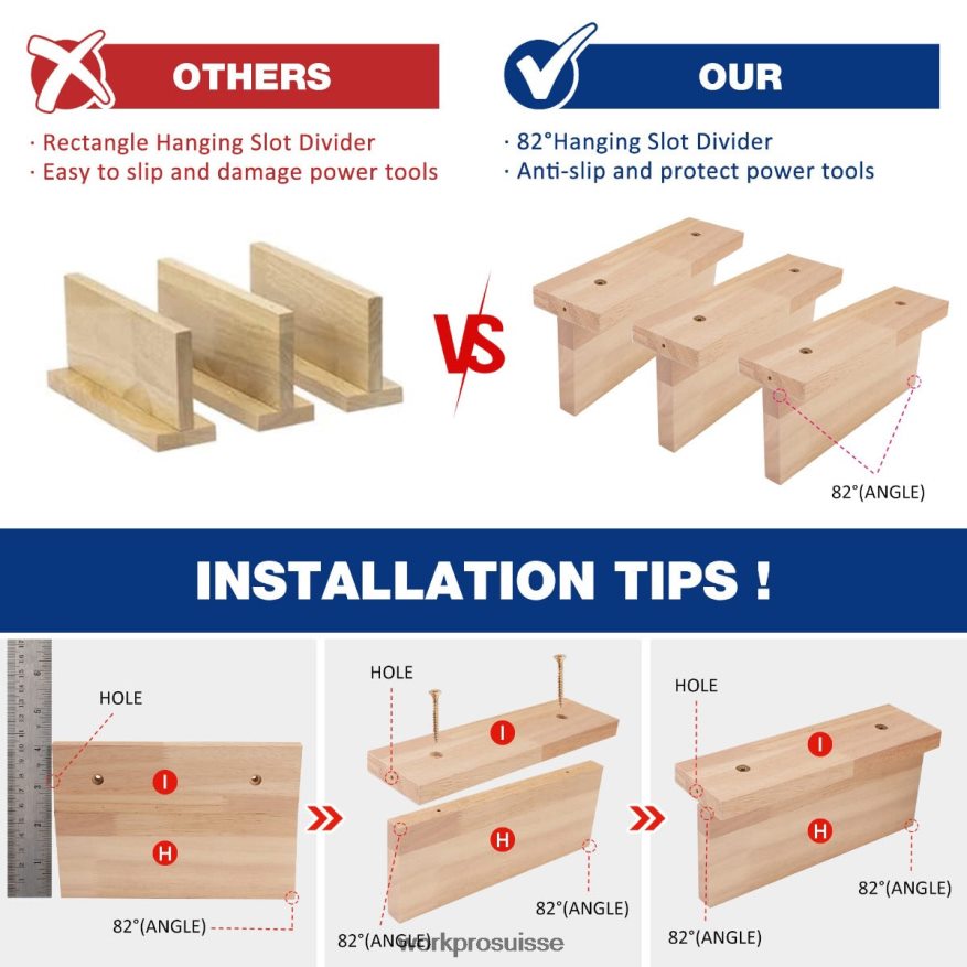 Organisateur d'outils électriques, support de rangement pour perceuse sans fil, support mural avec 5 fentes de suspension pour perceuse, rangement d'outils en bois massif Z2LXTF19 utile WORKPRO stocka