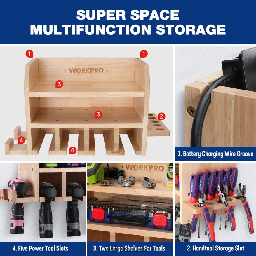 Organisateur d'outils électriques, support de rangement pour perceuse sans fil, support mural avec 5 fentes de suspension pour perceuse, rangement d'outils en bois massif Z2LXTF19 utile WORKPRO stocka