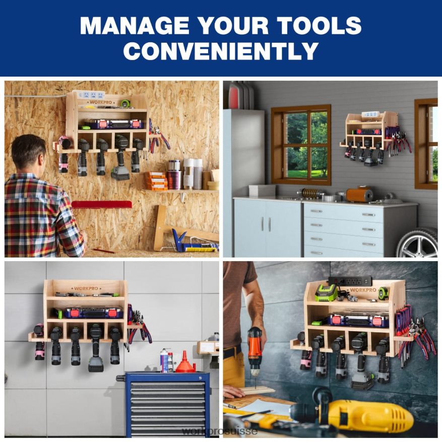Organisateur d'outils électriques, support de rangement pour perceuse sans fil, support mural avec 5 fentes de suspension pour perceuse, rangement d'outils en bois massif Z2LXTF19 utile WORKPRO stocka
