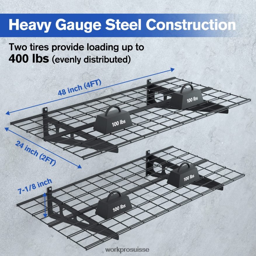 Paquet de 2 étagères murales de garage robustes de 2 x 4 pieds, capacité de charge de 400 lb (total) Z2LXTF14 noir WORKPRO stockage