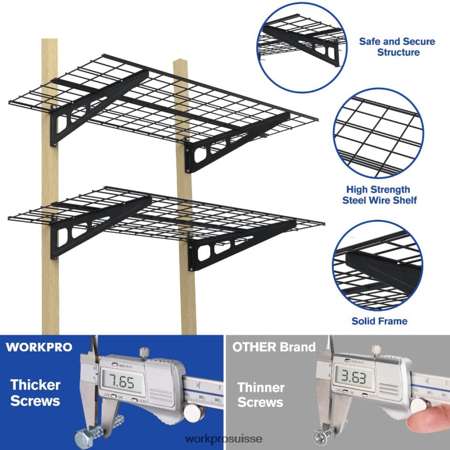 Paquet de 2 étagères murales de garage robustes de 2 x 4 pieds, capacité de charge de 400 lb (total) Z2LXTF14 noir WORKPRO stockage