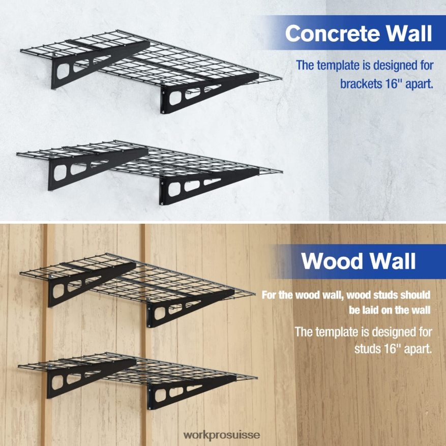 Paquet de 2 étagères murales de garage robustes de 2 x 4 pieds, capacité de charge de 400 lb (total) Z2LXTF14 noir WORKPRO stockage