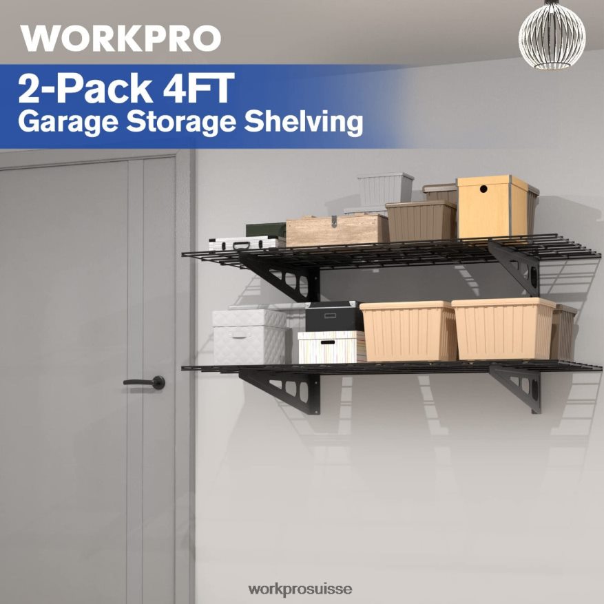 Paquet de 2 étagères murales de garage robustes de 2 x 4 pieds, capacité de charge de 400 lb (total) Z2LXTF14 noir WORKPRO stockage