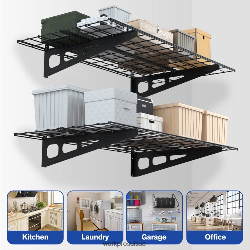 Paquet de 2 étagères murales de garage robustes de 2 x 4 pieds, capacité de charge de 400 lb (total) Z2LXTF14 noir WORKPRO stockage