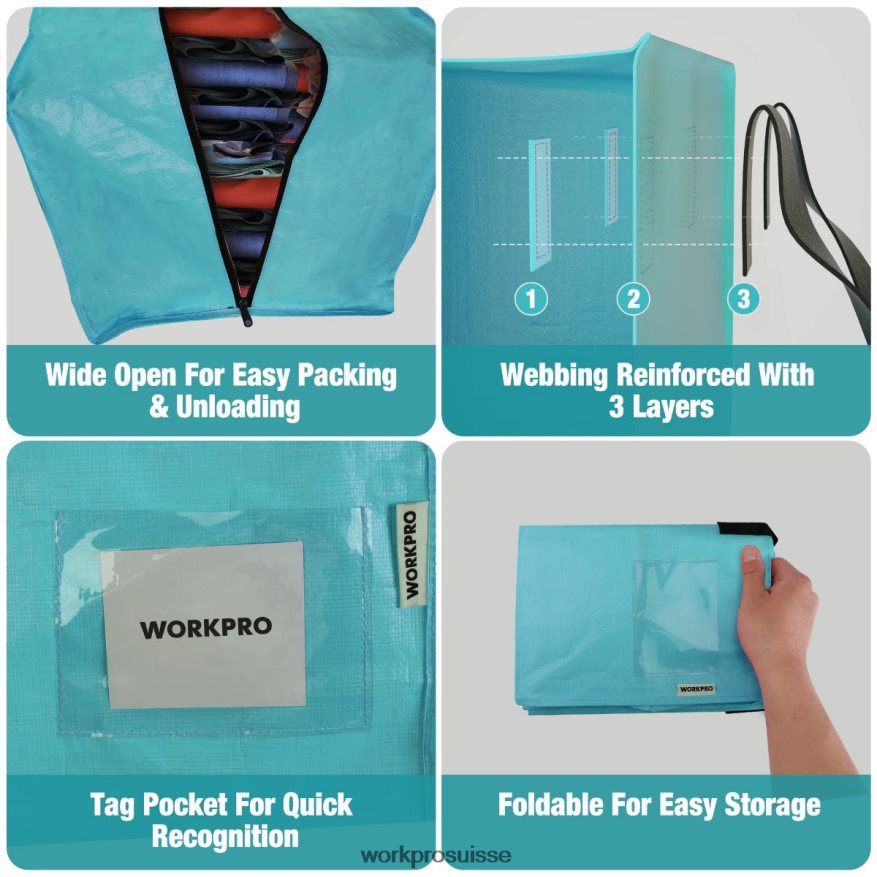 Paquet de 6 sacs fourre-tout de déménagement extra-larges et robustes avec fermetures éclair et poignées de transport, sangles de sac à dos Z2LXTF142 rose bleu WORKPRO stockage