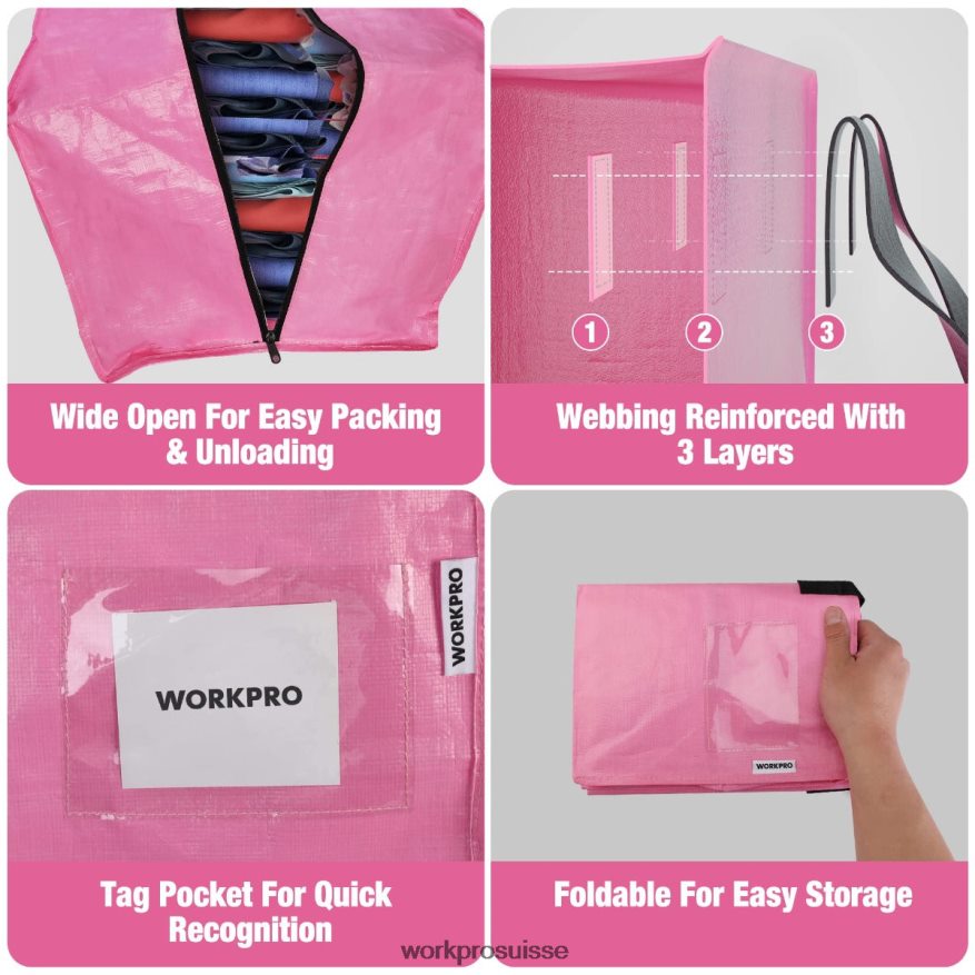 Paquet de 6 sacs fourre-tout de déménagement extra-larges et robustes avec fermetures éclair et poignées de transport, sangles de sac à dos Z2LXTF142 rose bleu WORKPRO stockage