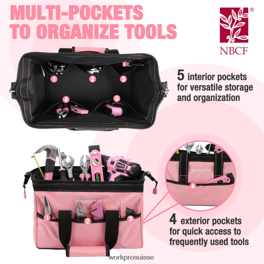 Sac à outils de 13 pouces, sacs de rangement d'outils en tissu doux Z2LXTF29 rose WORKPRO stockage