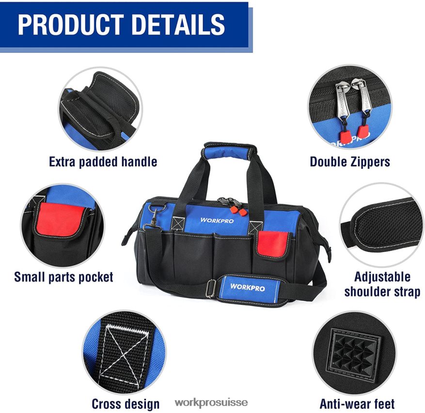 Sac à outils de rangement à ouverture large et fermé de 18 pouces avec bandoulière réglable Z2LXTF27 utile WORKPRO stockage