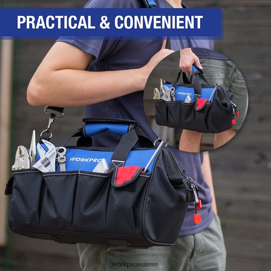 Sac à outils de rangement à ouverture large et fermé de 18 pouces avec bandoulière réglable Z2LXTF27 utile WORKPRO stockage