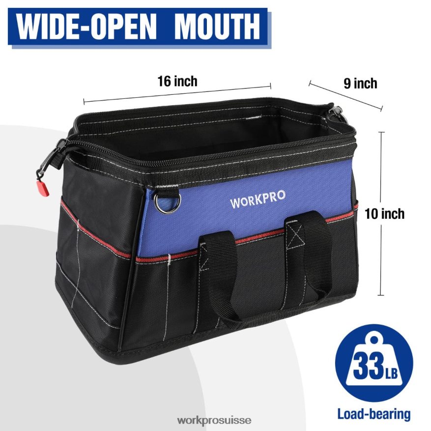 Sac à outils à large bouche de 16 pouces, sac de rangement d'outils en tissu robuste avec base moulée étanche, bandoulière réglable Z2LXTF24 utile WORKPRO stockage