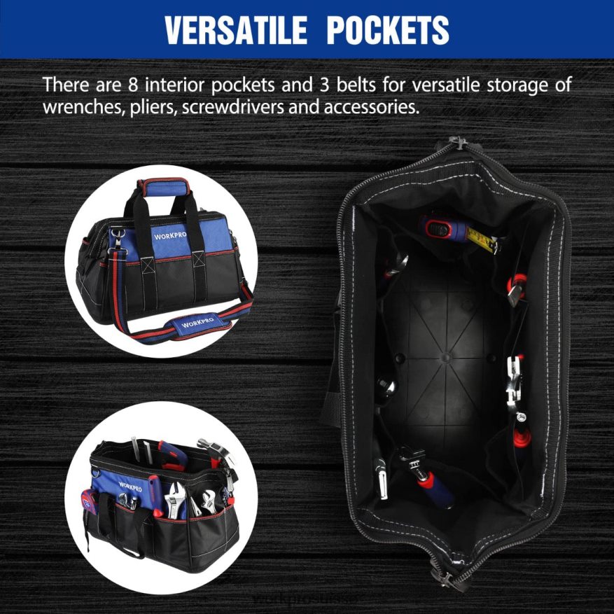Sac à outils à large bouche de 16 pouces, sac de rangement d'outils en tissu robuste avec base moulée étanche, bandoulière réglable Z2LXTF24 utile WORKPRO stockage