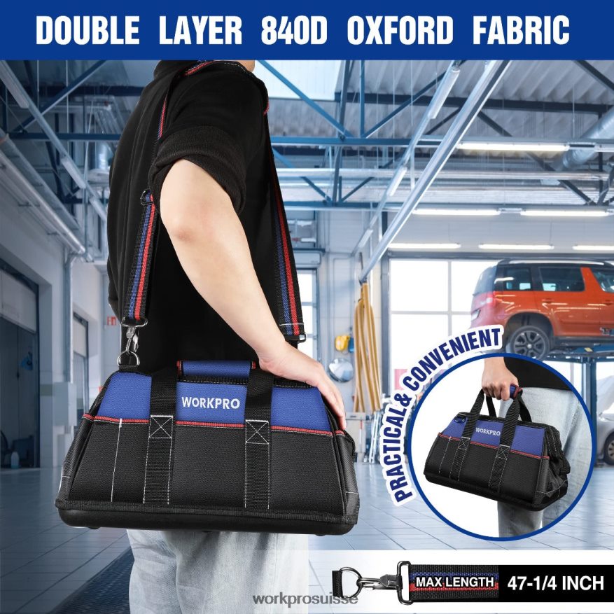 Sac à outils à large bouche de 16 pouces, sac de rangement d'outils en tissu robuste avec base moulée étanche, bandoulière réglable Z2LXTF24 utile WORKPRO stockage