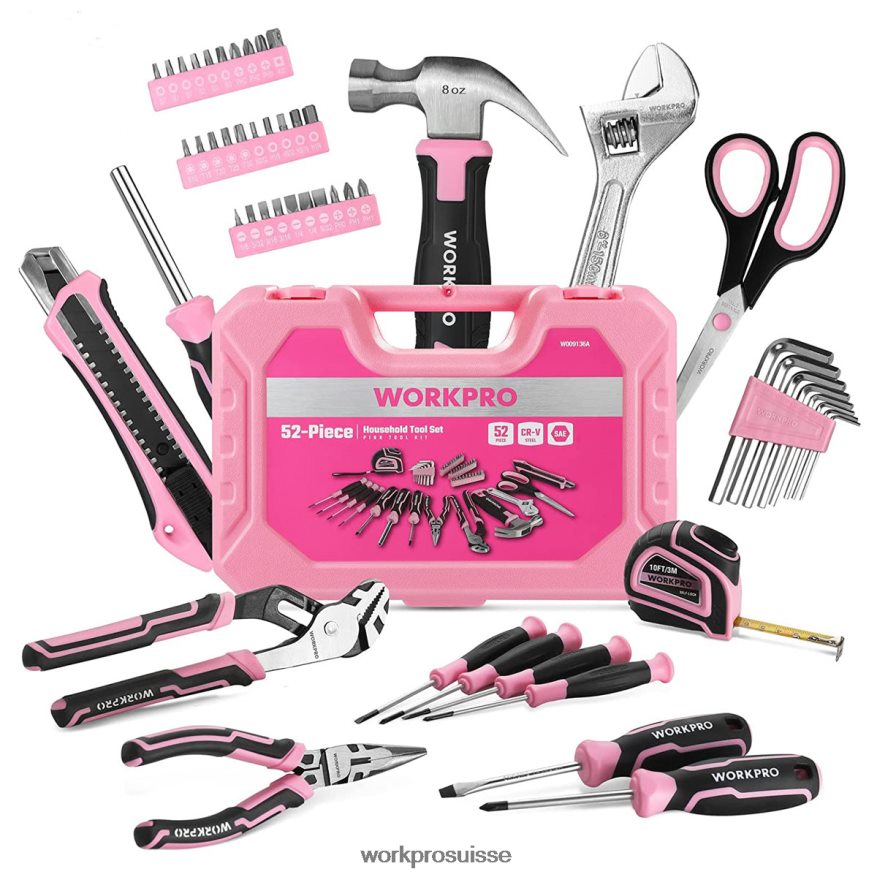 Ensemble d'outils de 52 pièces, ensemble d'outils pour femmes à domicile avec boîte à outils de rangement, ensemble d'outils de base-ruban Z2LXTF249 rose WORKPRO outil