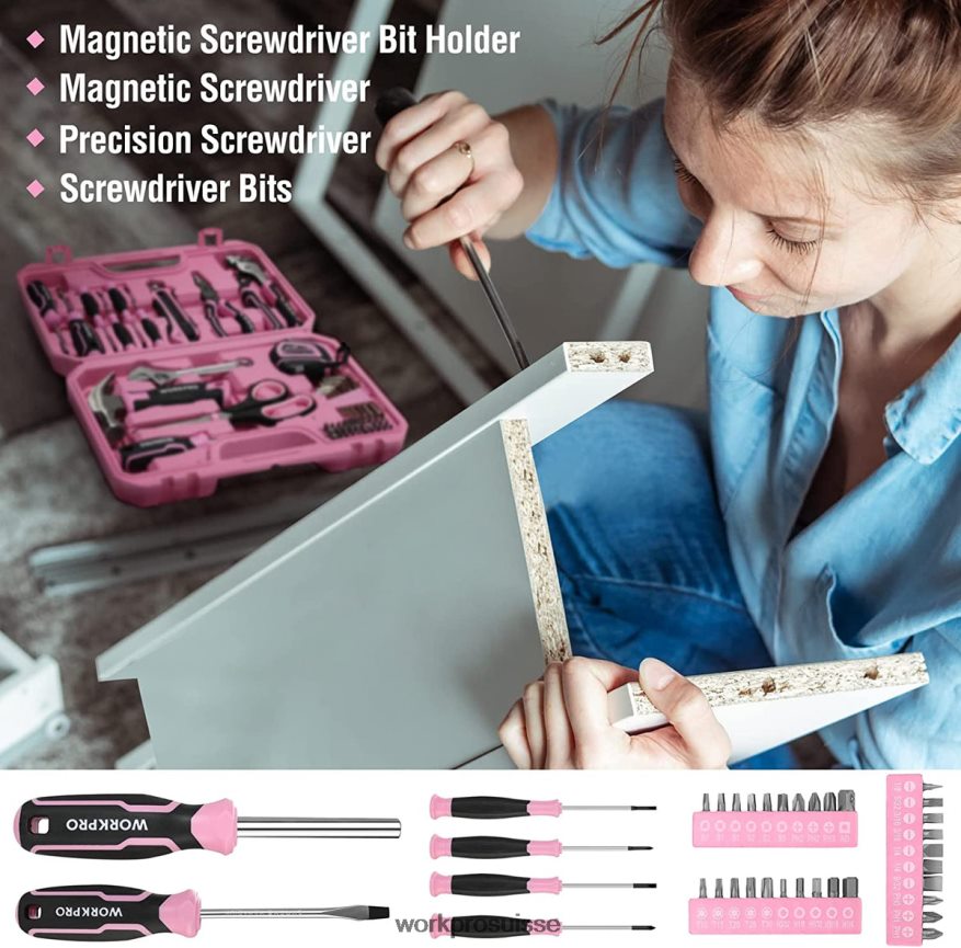 Ensemble d'outils de 52 pièces, ensemble d'outils pour femmes à domicile avec boîte à outils de rangement, ensemble d'outils de base-ruban Z2LXTF249 rose WORKPRO outil