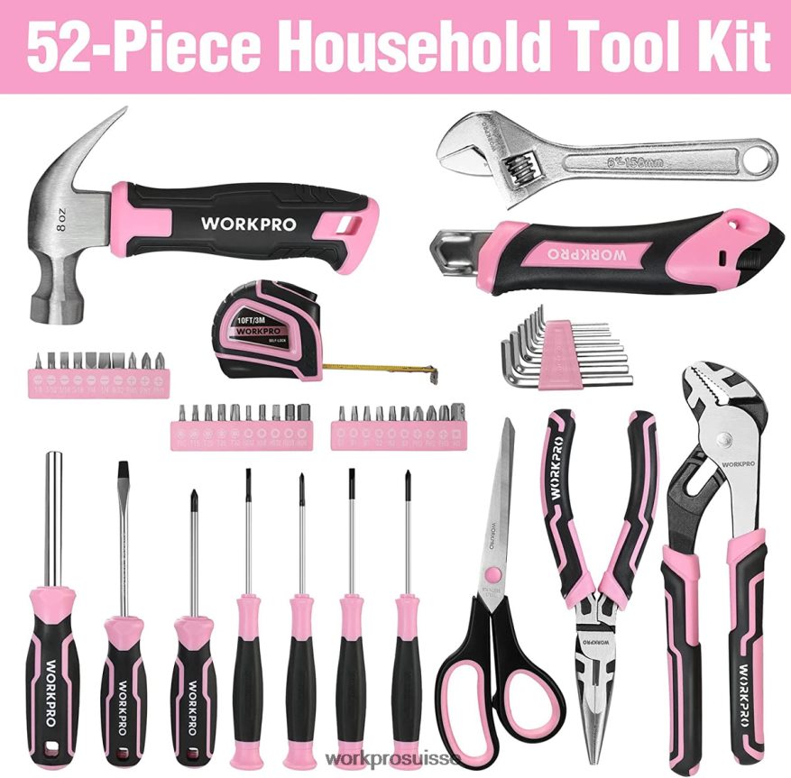 Ensemble d'outils de 52 pièces, ensemble d'outils pour femmes à domicile avec boîte à outils de rangement, ensemble d'outils de base-ruban Z2LXTF249 rose WORKPRO outil