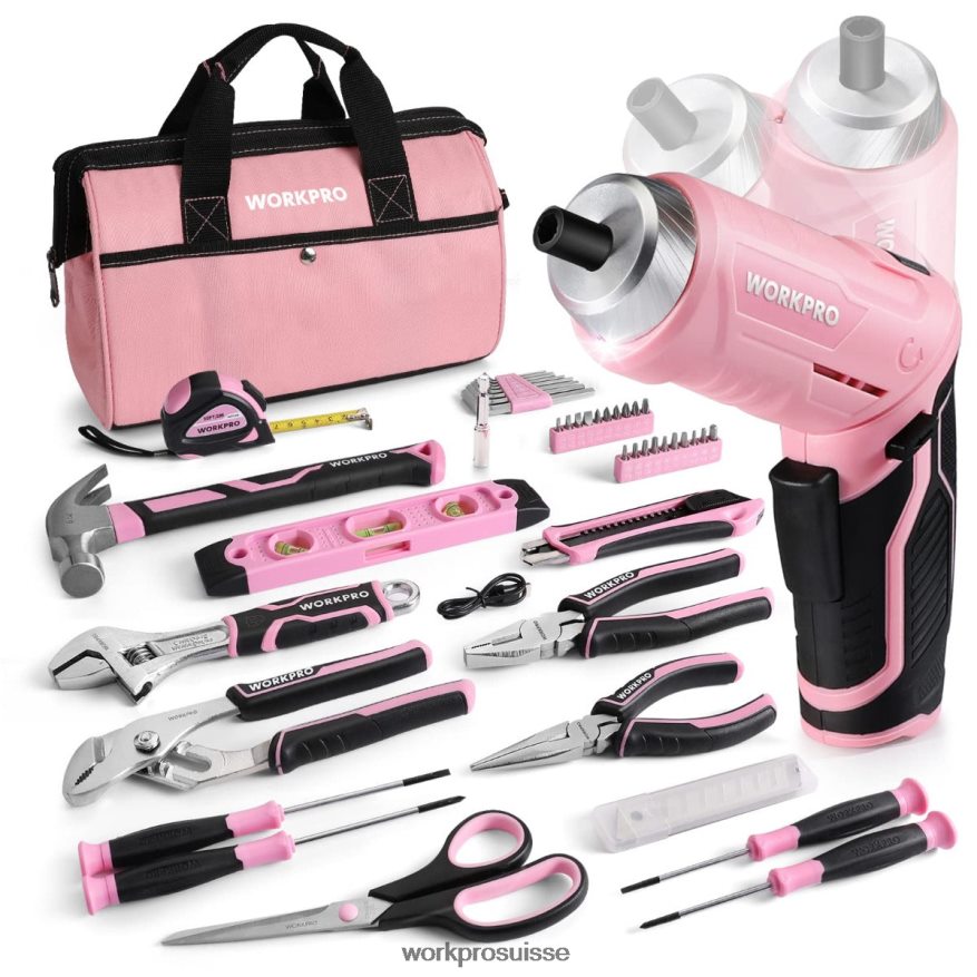 Ensemble d'outils de 55 pièces, tournevis sans fil rotatif 3.7v et kit d'outils ménagers Z2LXTF264 rose WORKPRO outil