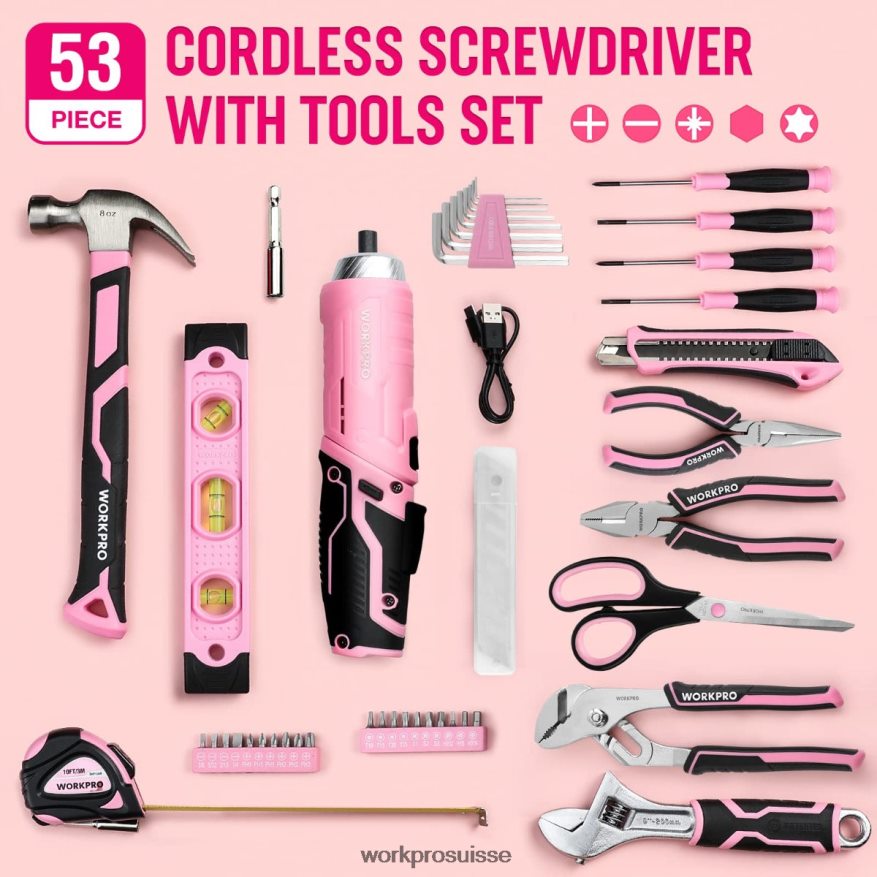 Ensemble d'outils de 55 pièces, tournevis sans fil rotatif 3.7v et kit d'outils ménagers Z2LXTF264 rose WORKPRO outil