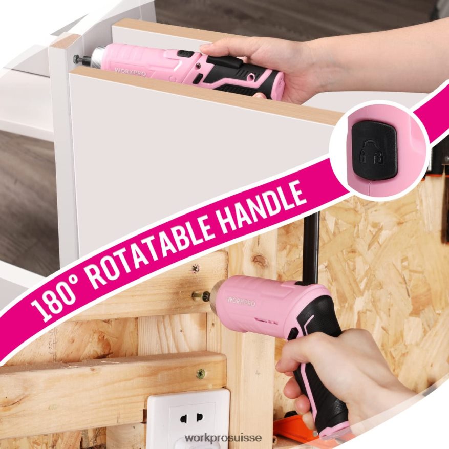 Ensemble d'outils de 55 pièces, tournevis sans fil rotatif 3.7v et kit d'outils ménagers Z2LXTF264 rose WORKPRO outil