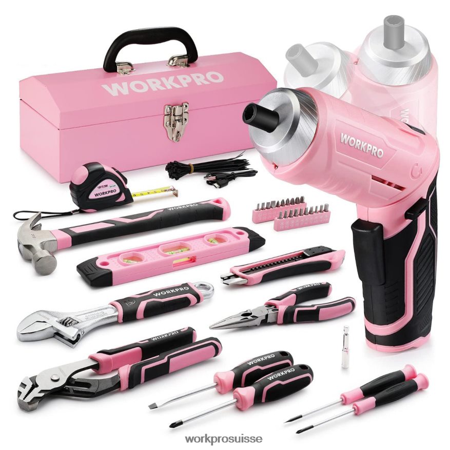 Ensemble d'outils de 75 pièces, tournevis sans fil rotatif 3,7 V et kit d'outils ménagers Z2LXTF260 rose WORKPRO outil