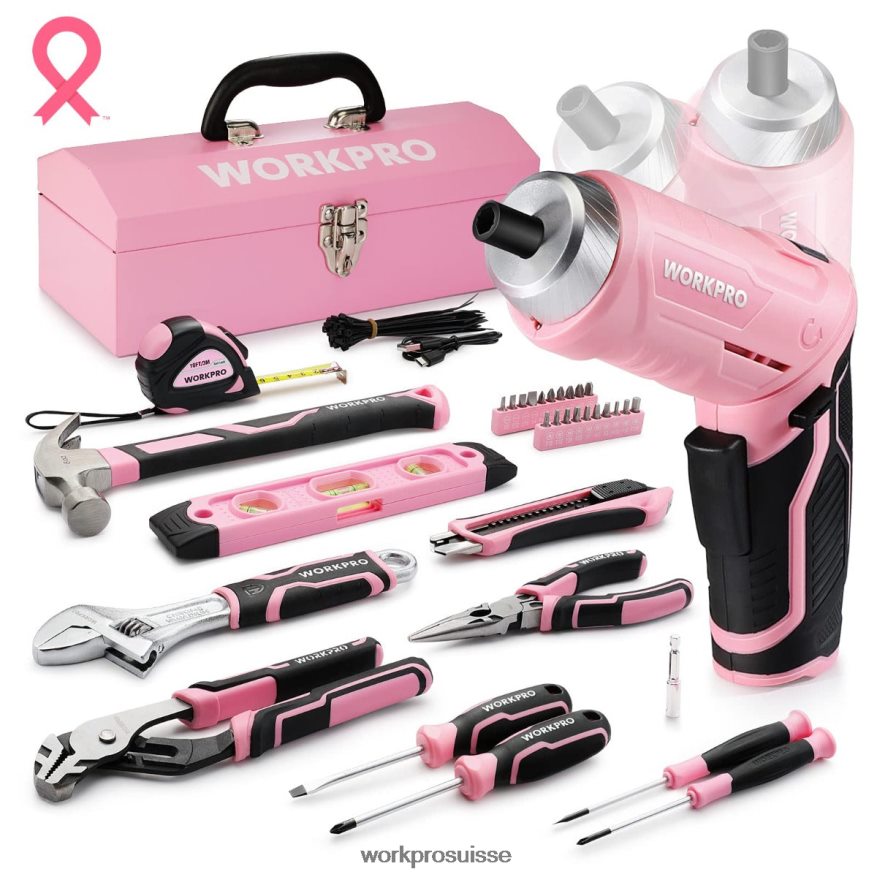 Ensemble d'outils de 75 pièces, tournevis sans fil rotatif 3,7 V et kit d'outils ménagers Z2LXTF260 rose WORKPRO outil
