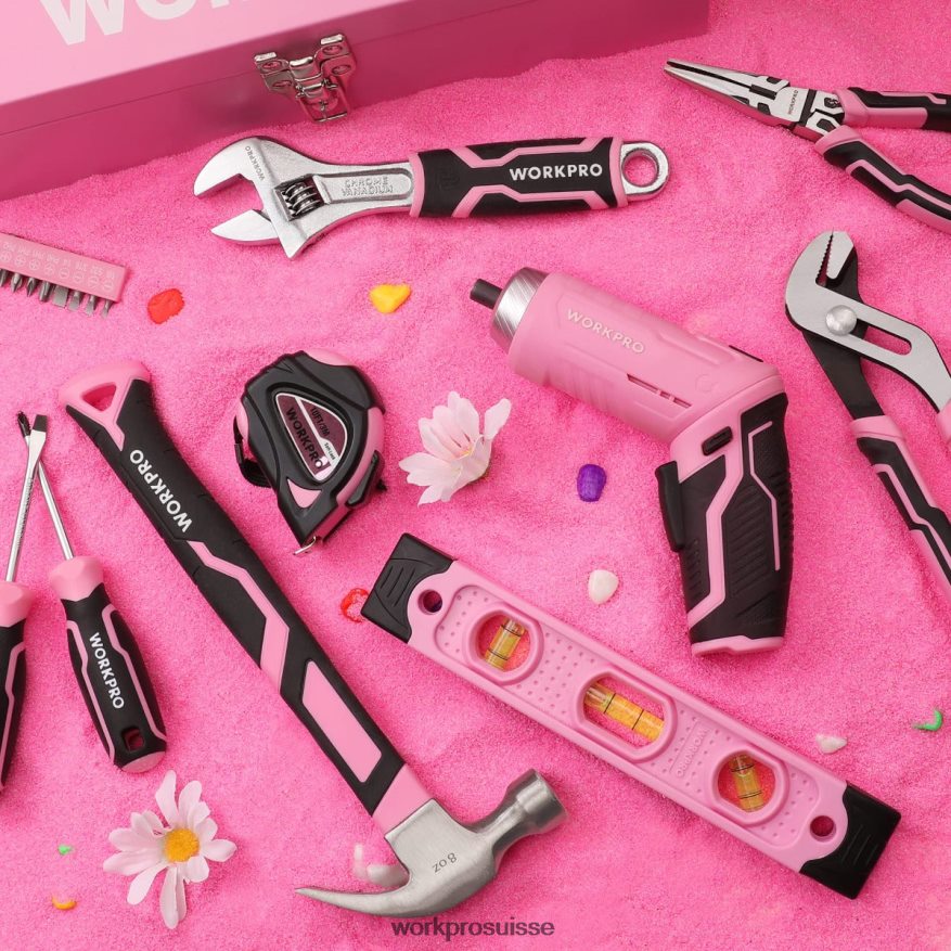Ensemble d'outils de 75 pièces, tournevis sans fil rotatif 3,7 V et kit d'outils ménagers Z2LXTF260 rose WORKPRO outil