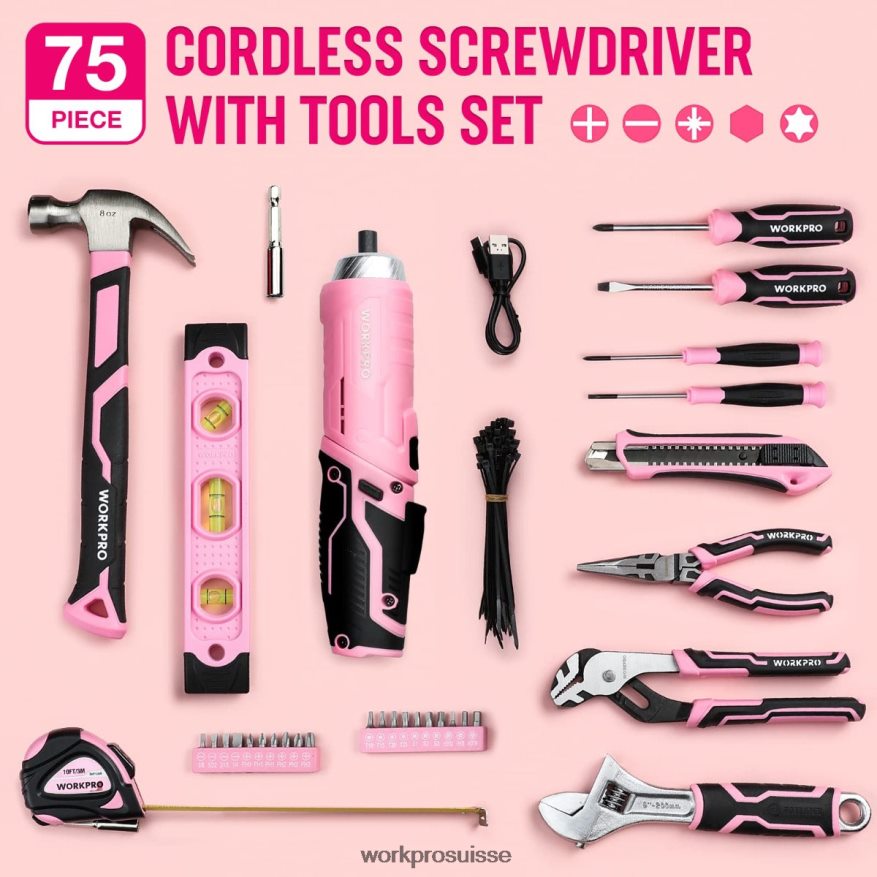 Ensemble d'outils de 75 pièces, tournevis sans fil rotatif 3,7 V et kit d'outils ménagers Z2LXTF260 rose WORKPRO outil