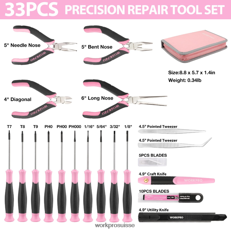 Ensemble d'outils de réparation de précision de 33 pièces comprenant un jeu de pinces Z2LXTF257 rose bleu WORKPRO outil