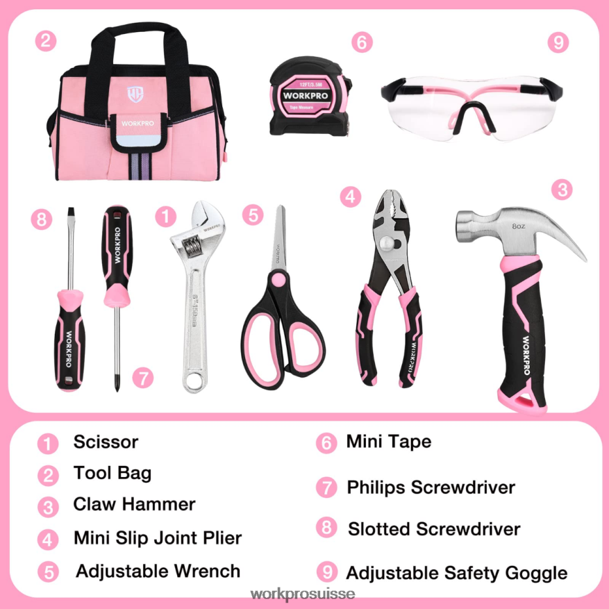 Ensemble d'outils junior pour enfants de 9 pièces avec sac à outils Z2LXTF253 rose bleu WORKPRO outil