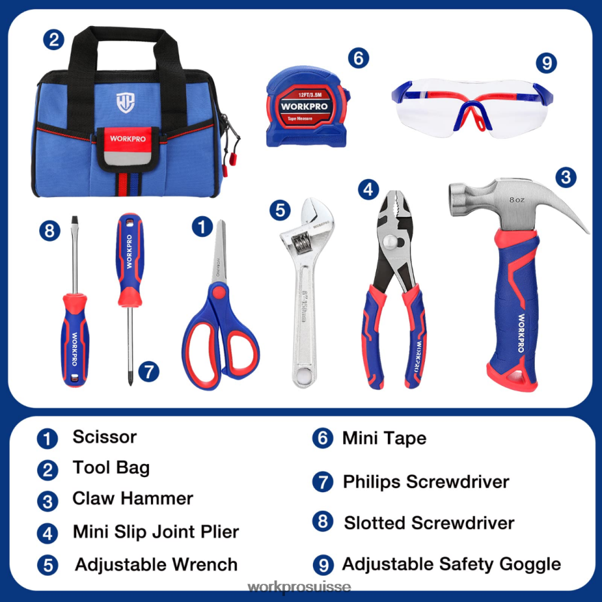 Ensemble d'outils junior pour enfants de 9 pièces avec sac à outils Z2LXTF253 rose bleu WORKPRO outil