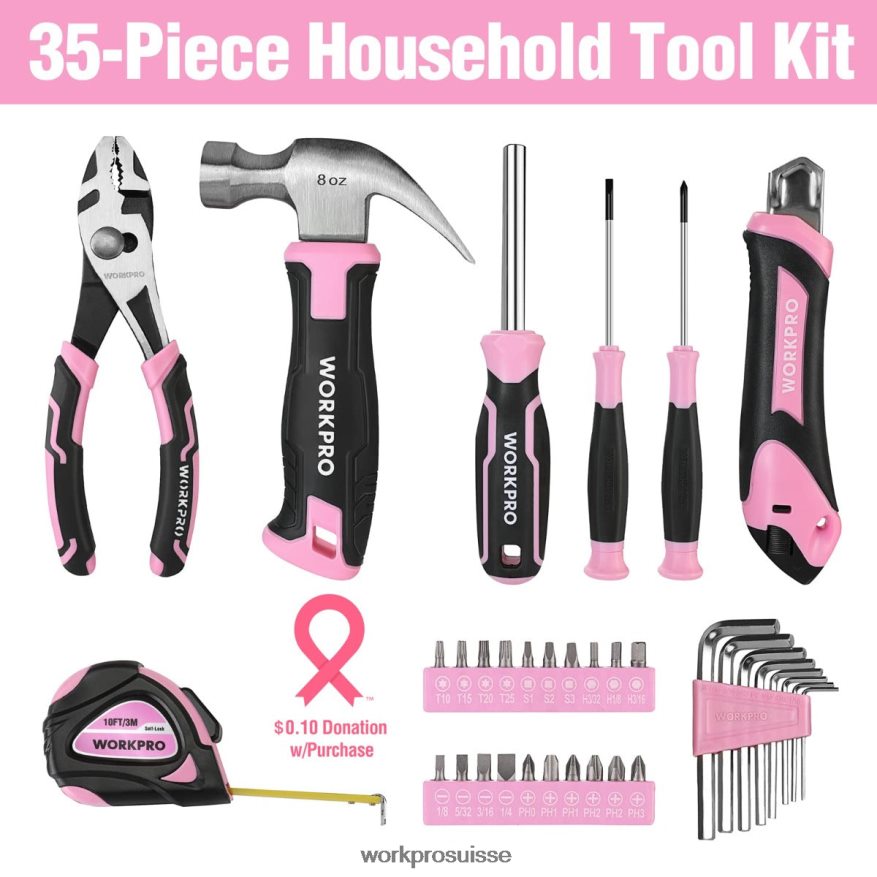 Ensemble d'outils ménagers de 35 pièces avec boîte à outils de rangement Z2LXTF246 rose bleu WORKPRO outil
