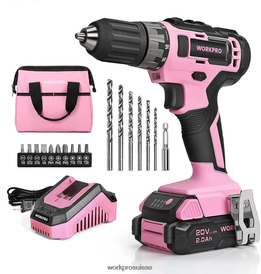 Ensemble perceuse-visseuse sans fil 20 V avec chargeur rapide et sac de rangement de 11 pouces inclus Z2LXTF261 rose WORKPRO outil
