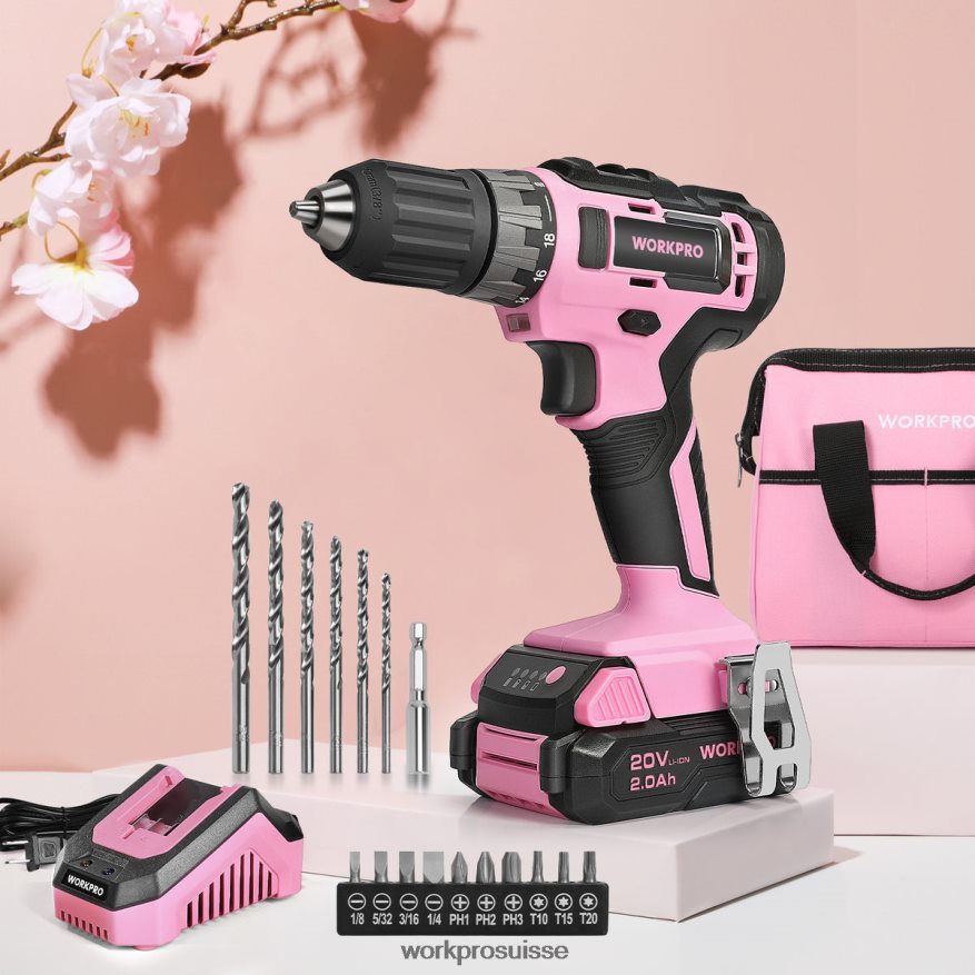 Ensemble perceuse-visseuse sans fil 20 V avec chargeur rapide et sac de rangement de 11 pouces inclus Z2LXTF261 rose WORKPRO outil